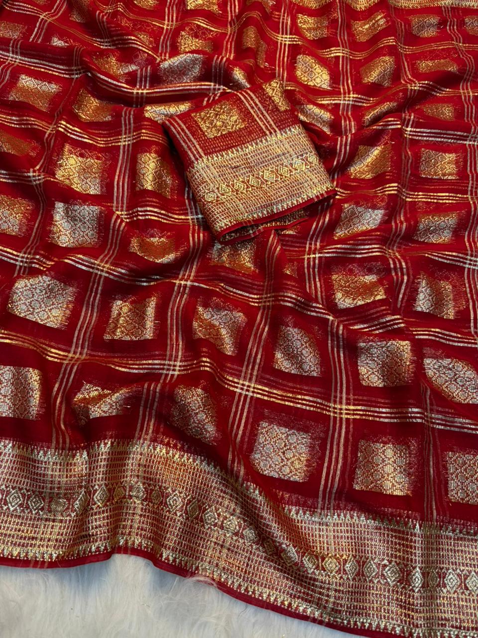 New Partywear Pure Viscose Georgette Jacquard Weaving Work Fancy Designer Saree With Blouse