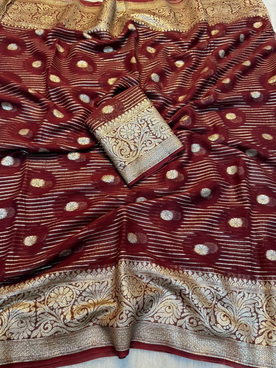 Gratifying Party Wear Pure Viscose Georgette Jacquard Weaving Work Fancy Designer Saree With Blouse