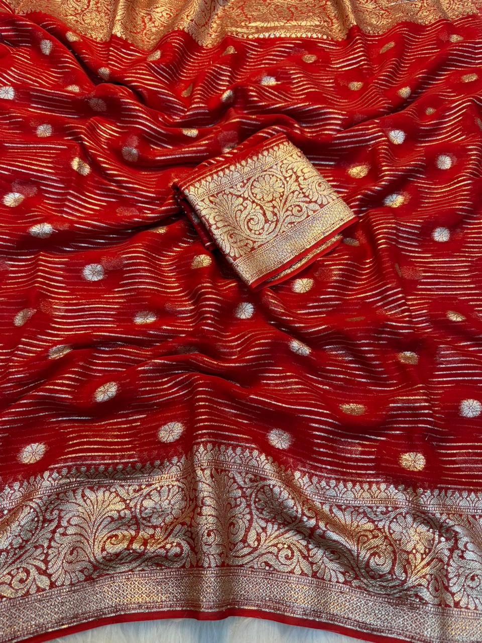 Gratifying Party Wear Pure Viscose Georgette Jacquard Weaving Work Fancy Designer Saree With Blouse