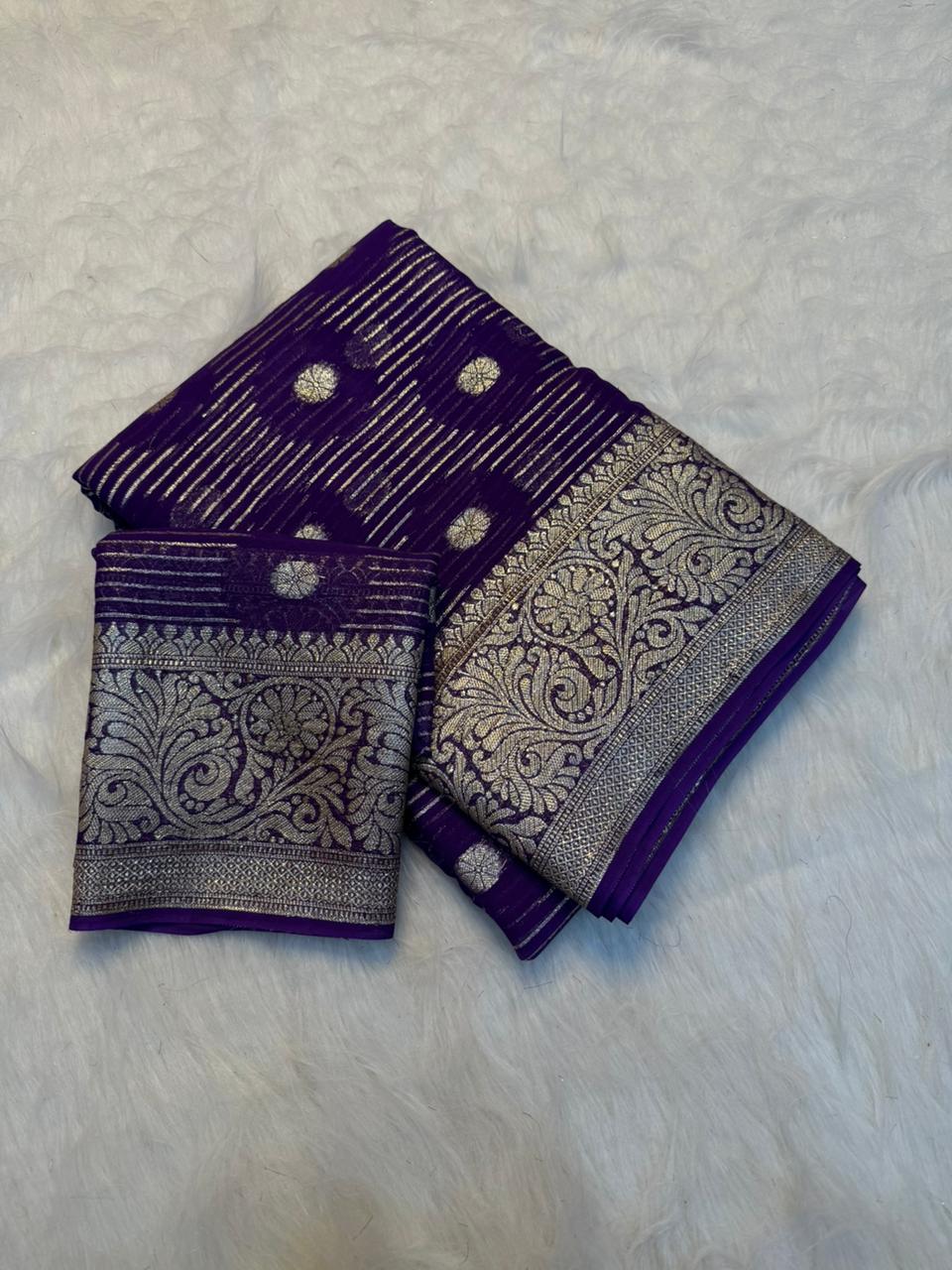 Gratifying Party Wear Pure Viscose Georgette Jacquard Weaving Work Fancy Designer Saree With Blouse