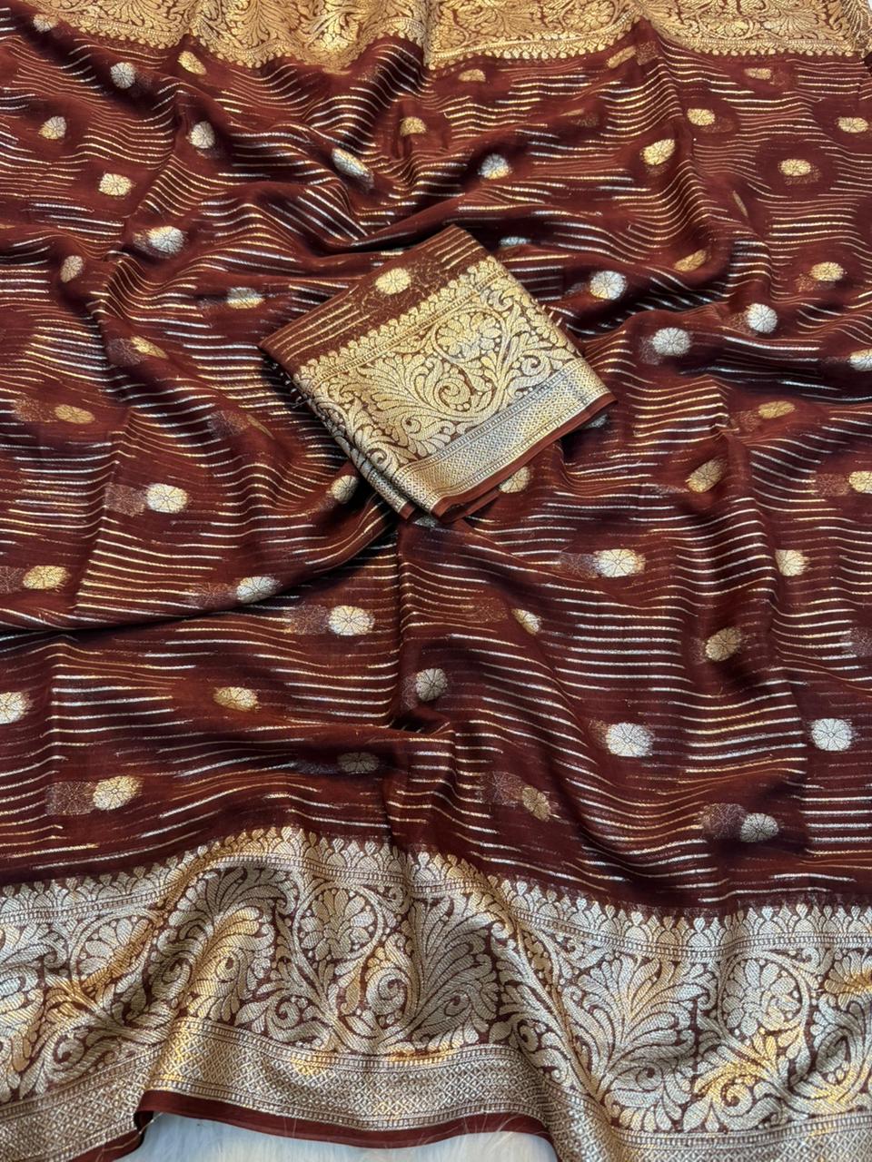Gratifying Party Wear Pure Viscose Georgette Jacquard Weaving Work Fancy Designer Saree With Blouse