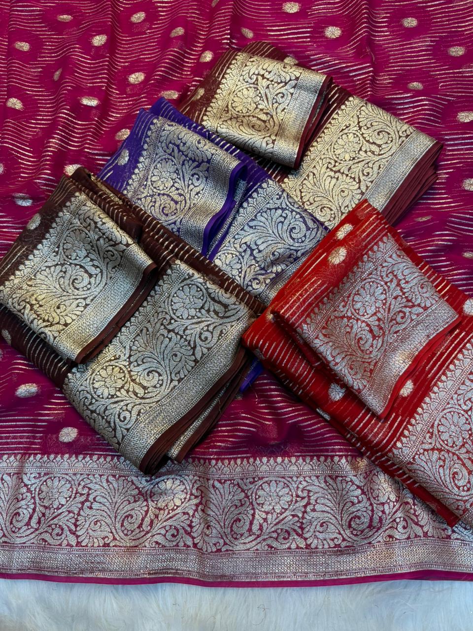 Gratifying Party Wear Pure Viscose Georgette Jacquard Weaving Work Fancy Designer Saree With Blouse