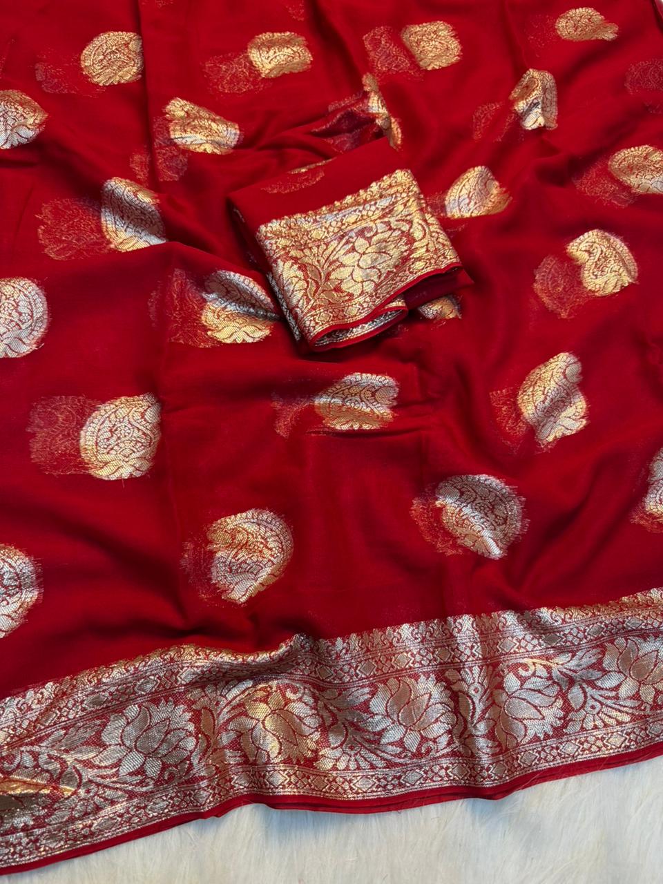 Elegant Party Wear Pure Viscose Georgette Jacquard Weaving Work Fancy Designer Saree With Blouse