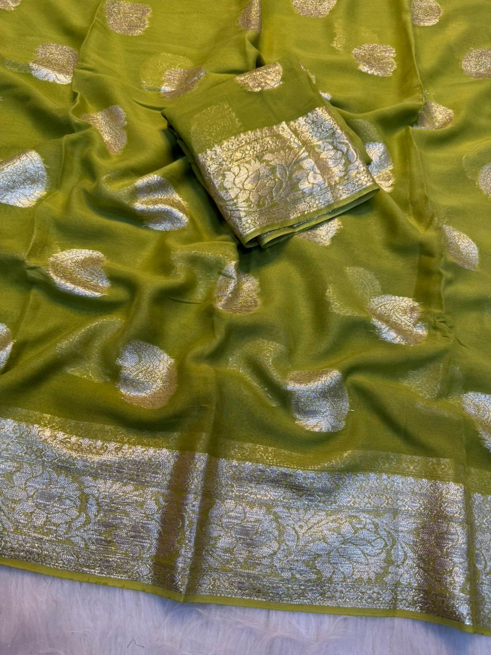 Elegant Party Wear Pure Viscose Georgette Jacquard Weaving Work Fancy Designer Saree With Blouse