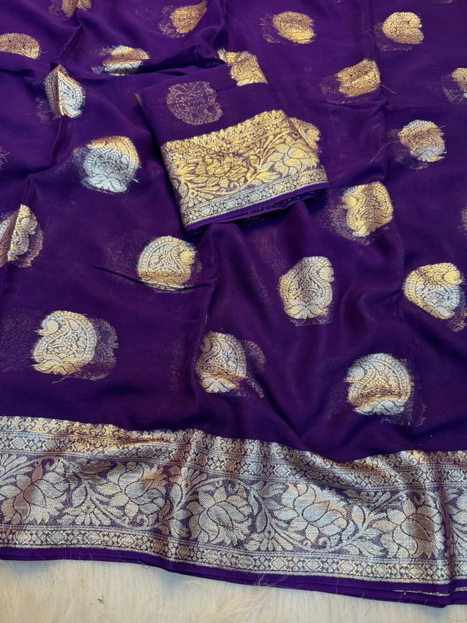 Elegant Party Wear Pure Viscose Georgette Jacquard Weaving Work Fancy Designer Saree With Blouse