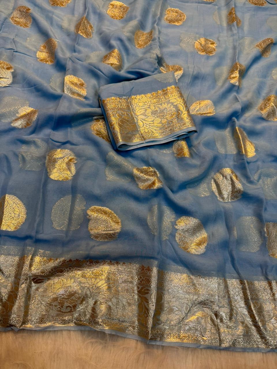 Elegant Party Wear Pure Viscose Georgette Jacquard Weaving Work Fancy Designer Saree With Blouse