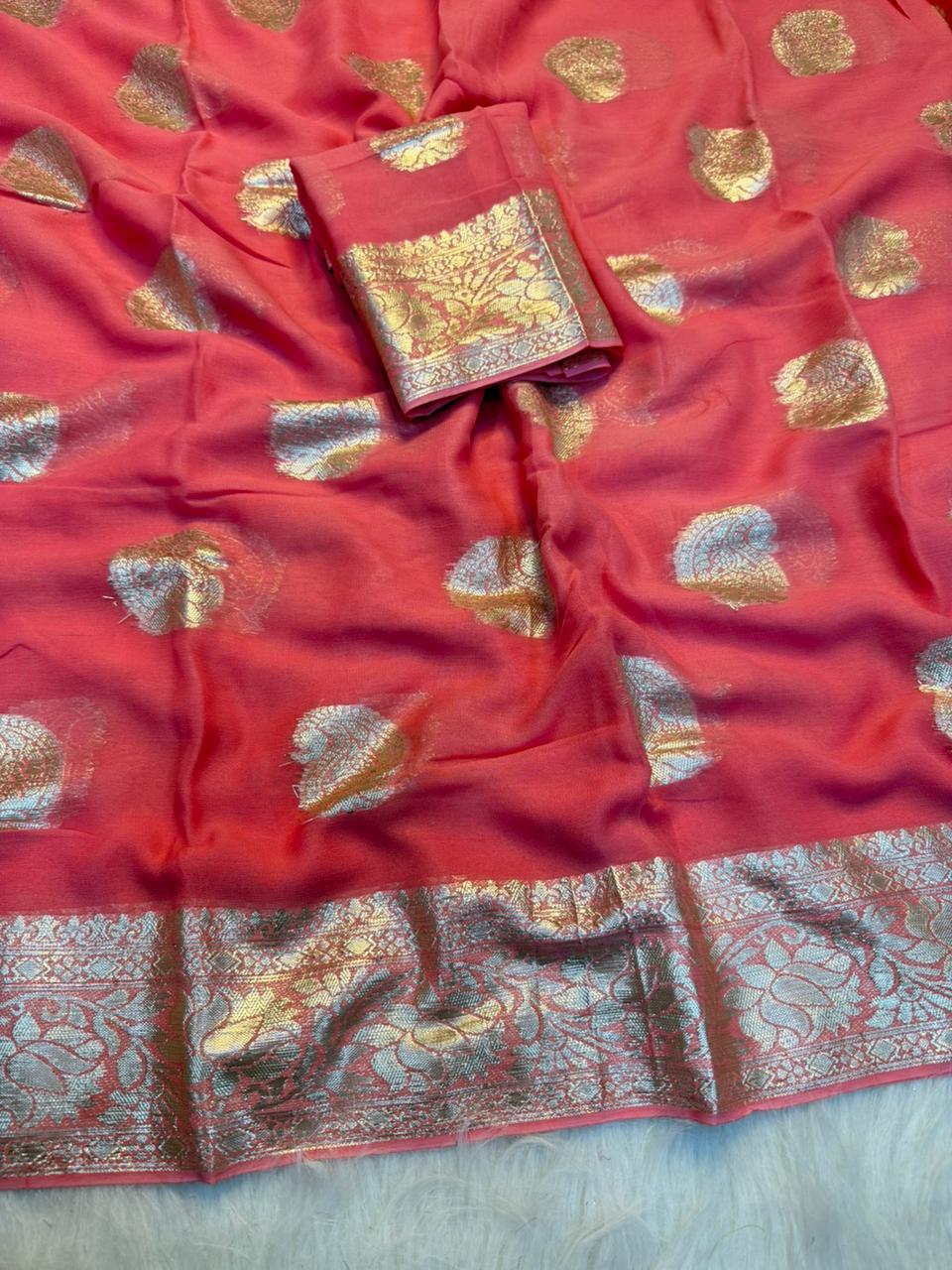 Elegant Party Wear Pure Viscose Georgette Jacquard Weaving Work Fancy Designer Saree With Blouse
