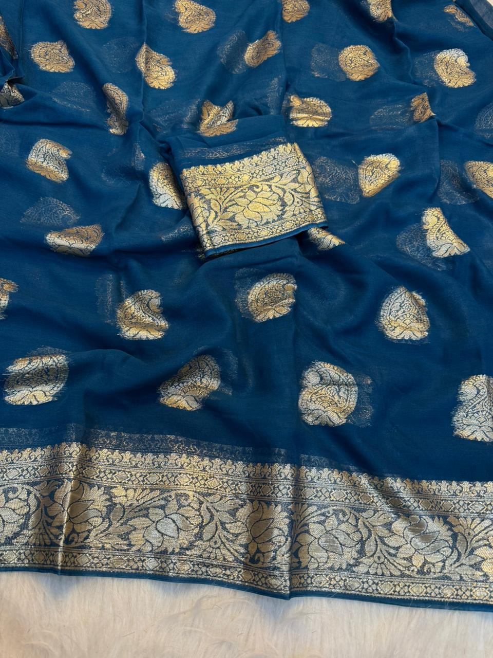 Elegant Party Wear Pure Viscose Georgette Jacquard Weaving Work Fancy Designer Saree With Blouse