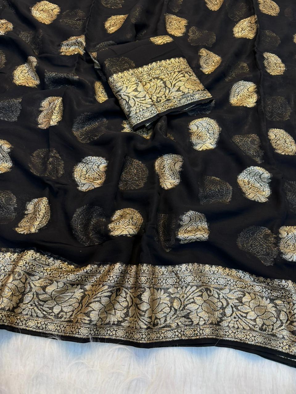 Elegant Party Wear Pure Viscose Georgette Jacquard Weaving Work Fancy Designer Saree With Blouse