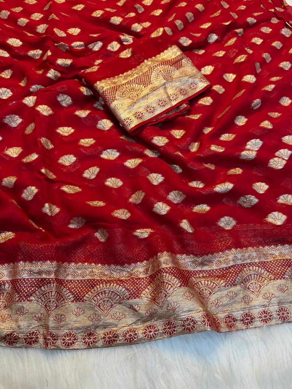 Adorning Function Wear Pure Viscose Georgette Jacquard Weaving Work Fancy Designer Saree With Blouse