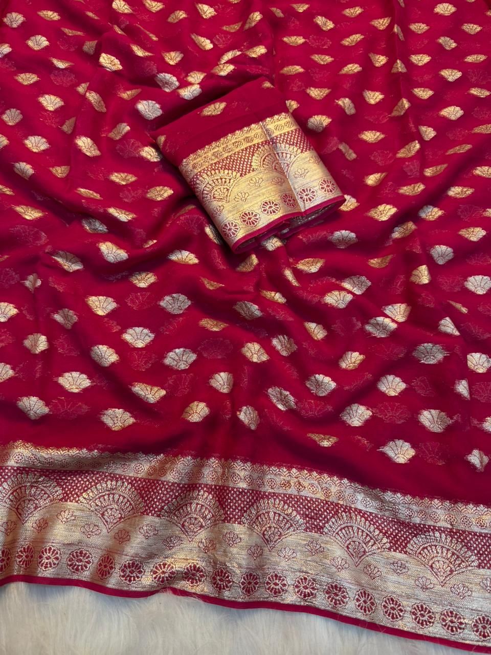 Adorning Function Wear Pure Viscose Georgette Jacquard Weaving Work Fancy Designer Saree With Blouse