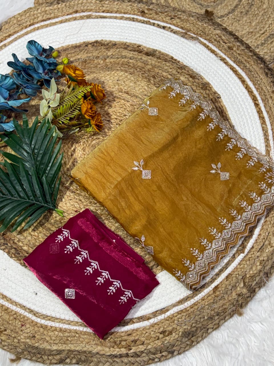 Beautiful Function Wear Silk Embroidery Sequence Work Saree With Contrast Blouse Piece