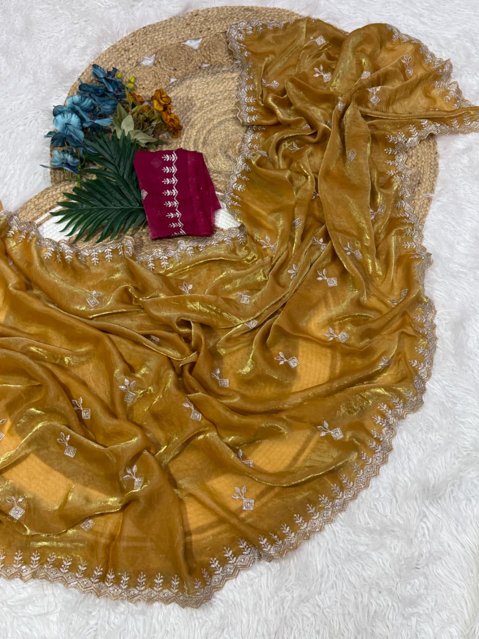 Beautiful Function Wear Silk Embroidery Sequence Work Saree With Contrast Blouse Piece