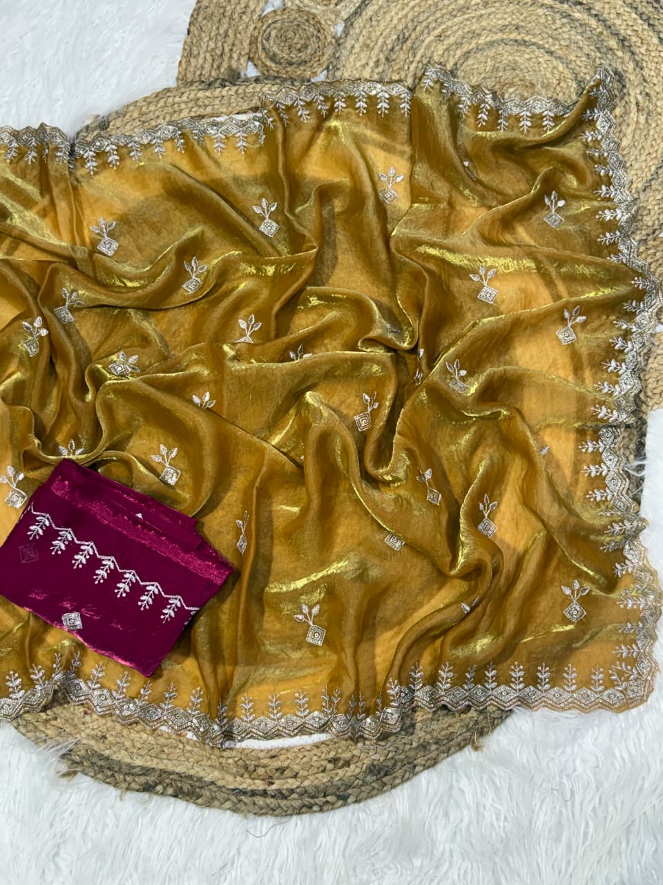 Beautiful Function Wear Silk Embroidery Sequence Work Saree With Contrast Blouse Piece
