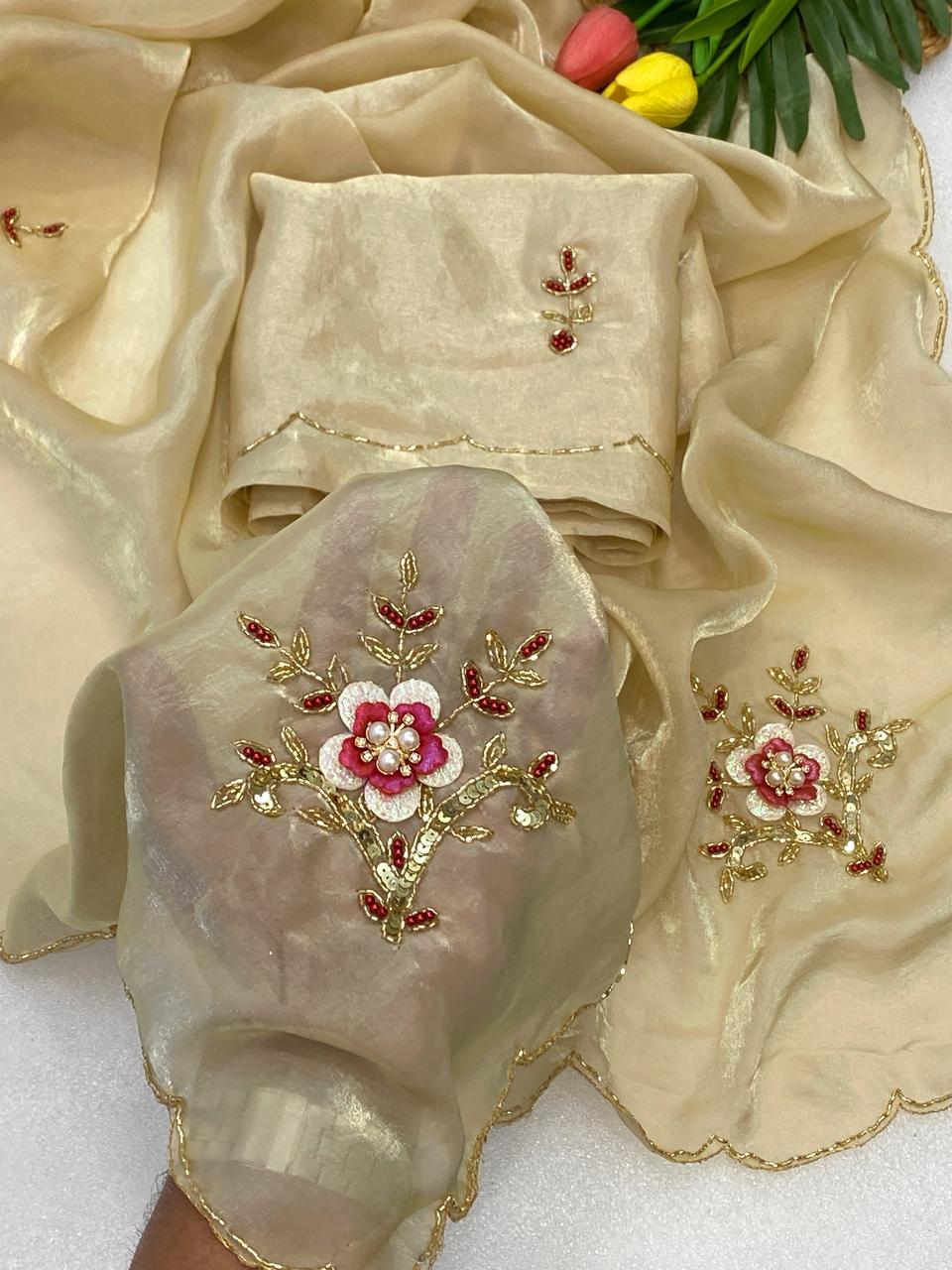 Glamorous Wedding Wear Golden Colour Soft Silk Handwork Rose Butta Fancy Designer Saree For Women