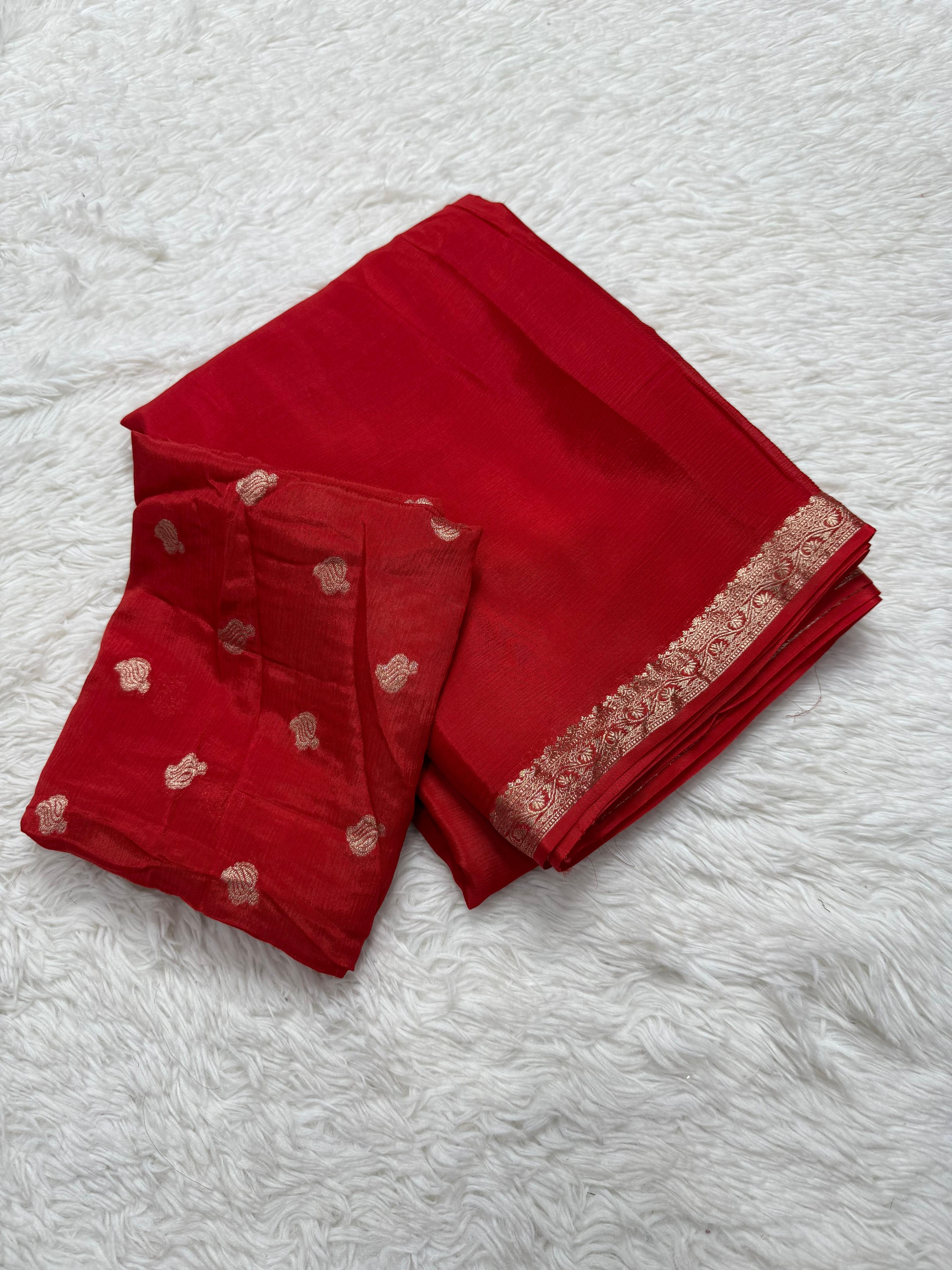 Confounding Party Wear Chinnon Fabric Zari Weaving Work Saree With Blouse Piece