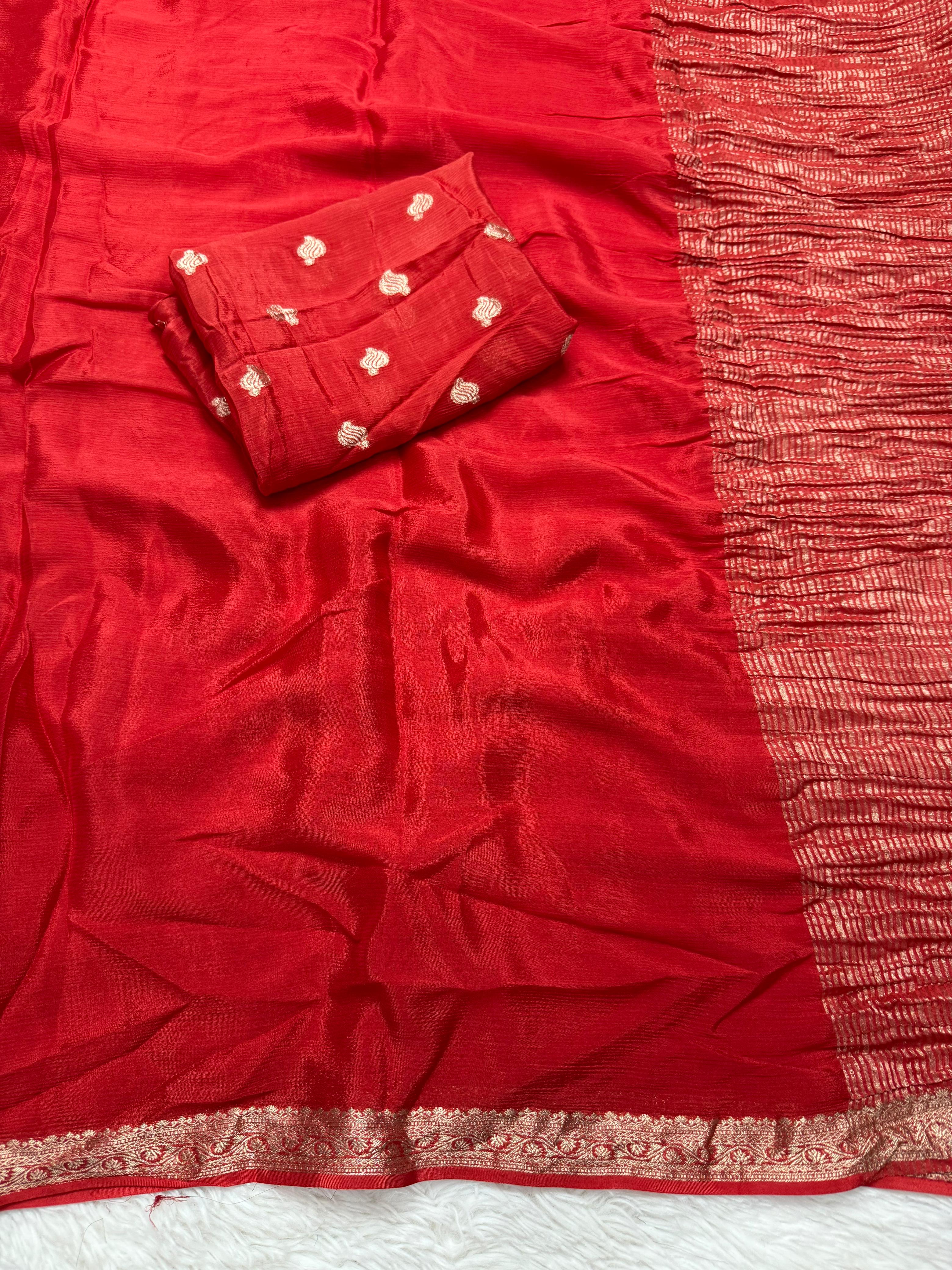 Confounding Party Wear Chinnon Fabric Zari Weaving Work Saree With Blouse Piece
