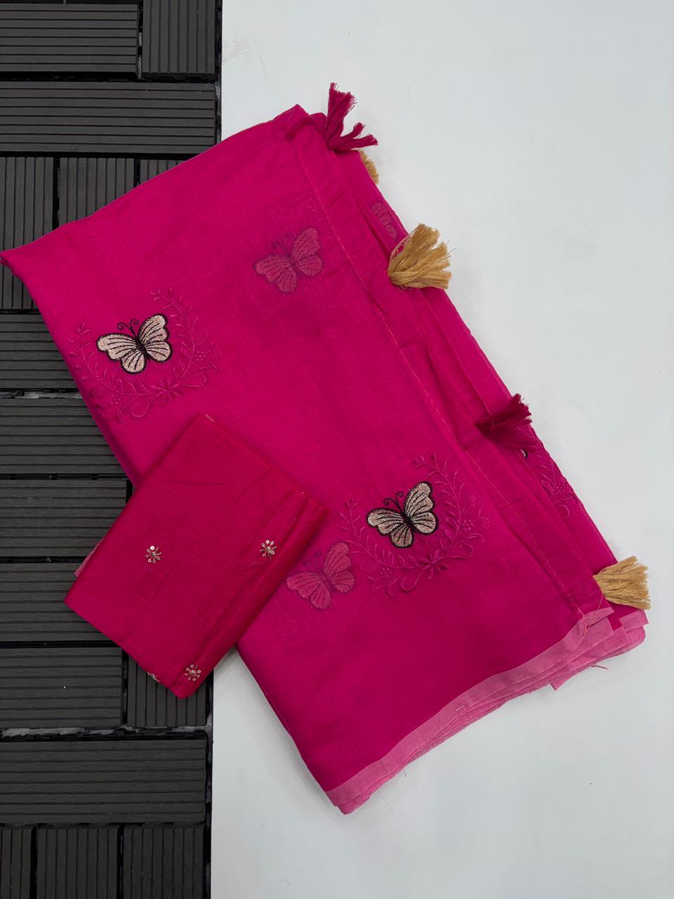Attractive Party Wear Chanderi Cotton Emboridery N Taseels Work Fancy Designer Saree For Women