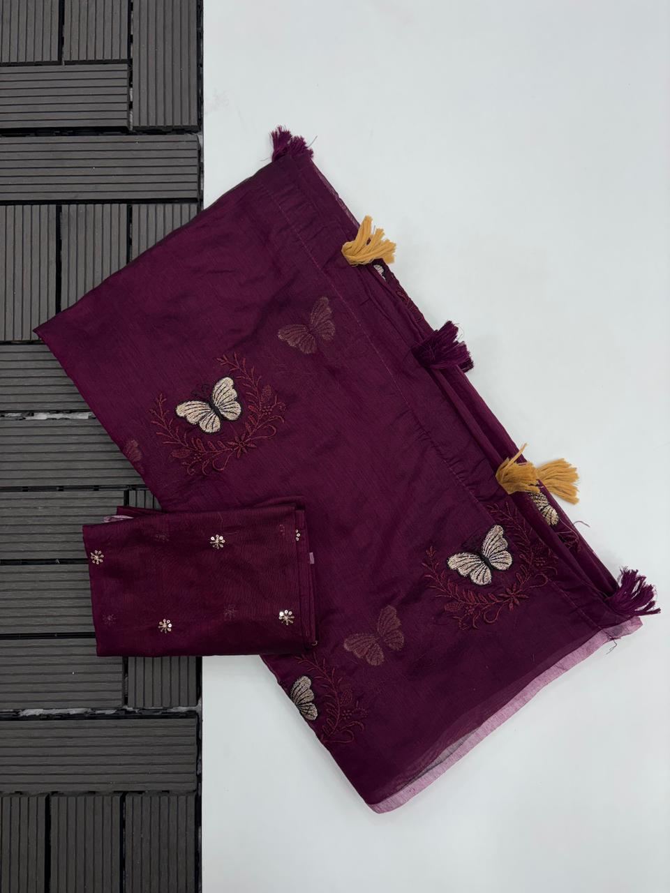 Attractive Party Wear Chanderi Cotton Emboridery N Taseels Work Fancy Designer Saree For Women