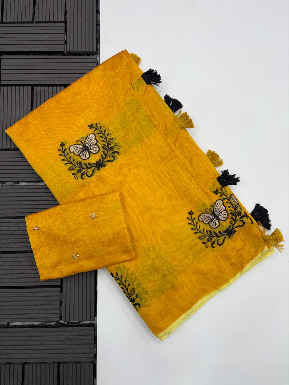 Attractive Party Wear Chanderi Cotton Emboridery N Taseels Work Fancy Designer Saree For Women