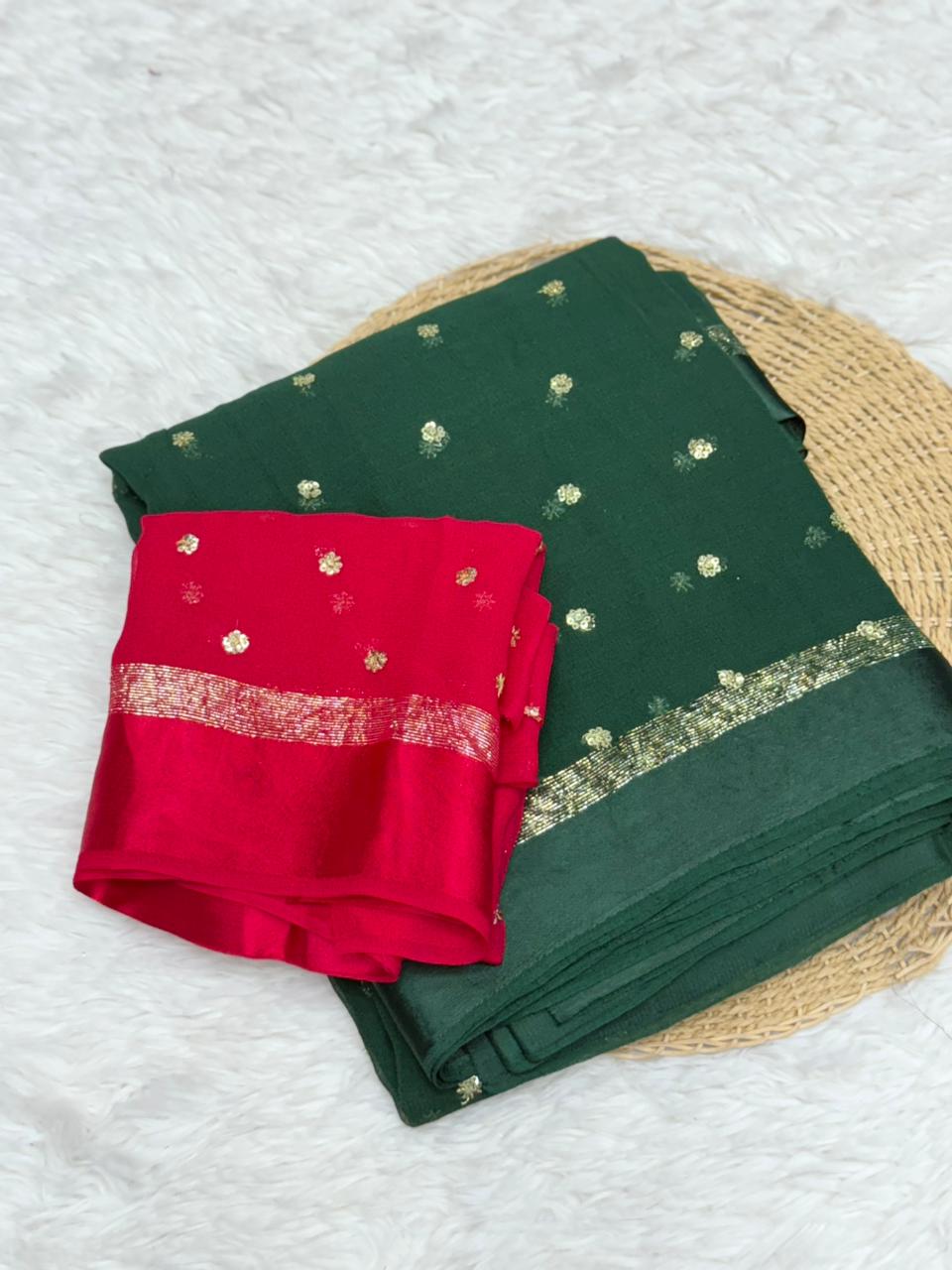 Luxury Festive Wear Pure Soft Viscose Satin Border Sequence Work Saree With Contrast Blouse