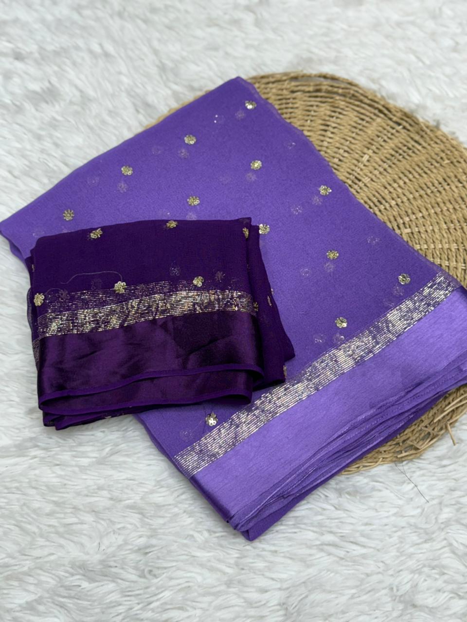 Luxury Festive Wear Pure Soft Viscose Satin Border Sequence Work Saree With Contrast Blouse