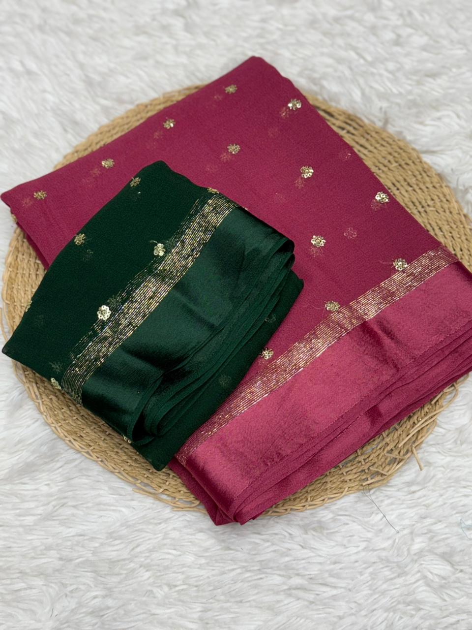 Luxury Festive Wear Pure Soft Viscose Satin Border Sequence Work Saree With Contrast Blouse