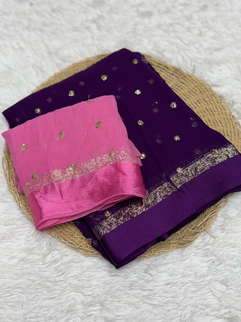 Luxury Festive Wear Pure Soft Viscose Satin Border Sequence Work Saree With Contrast Blouse