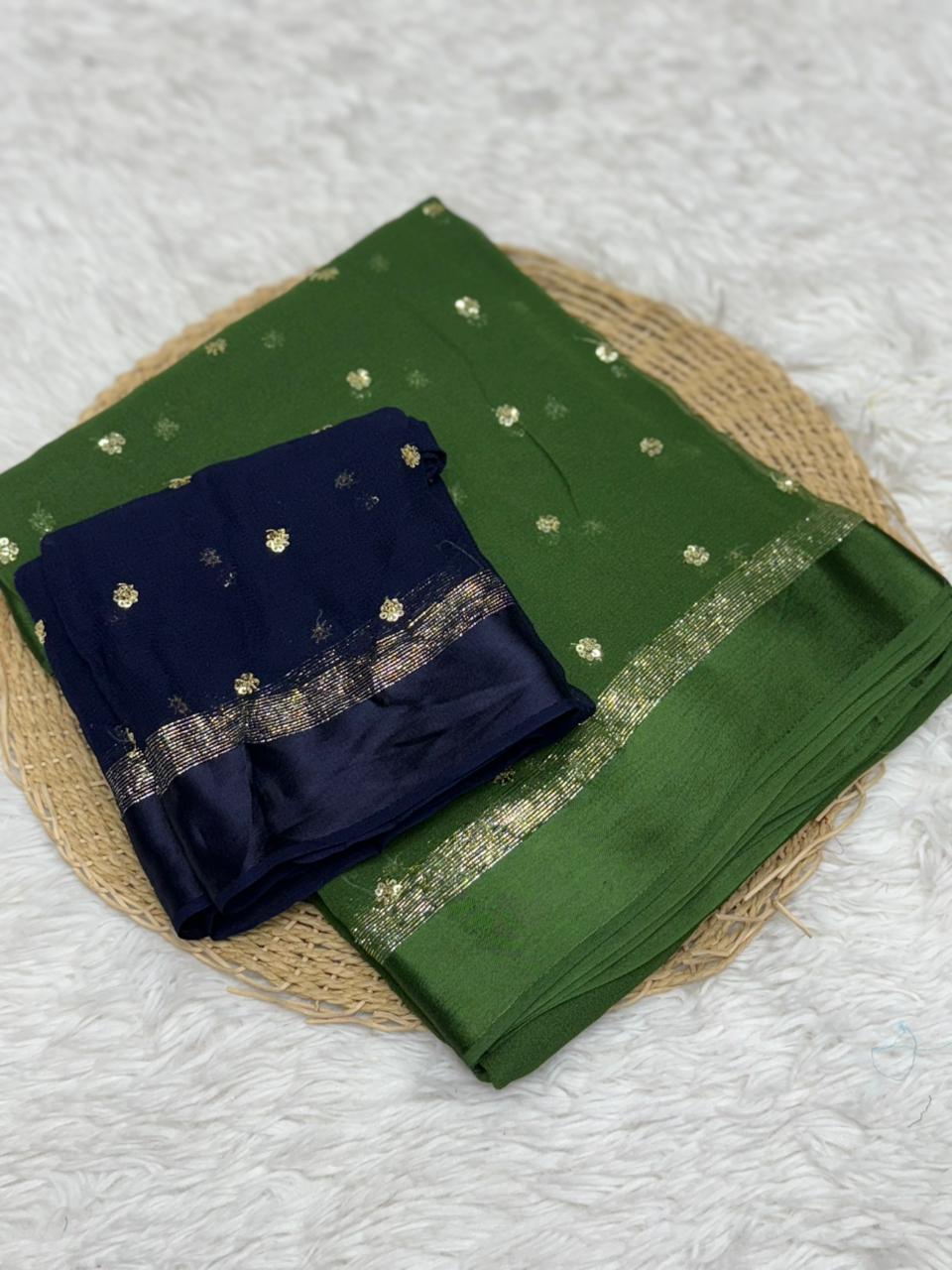 Luxury Festive Wear Pure Soft Viscose Satin Border Sequence Work Saree With Contrast Blouse