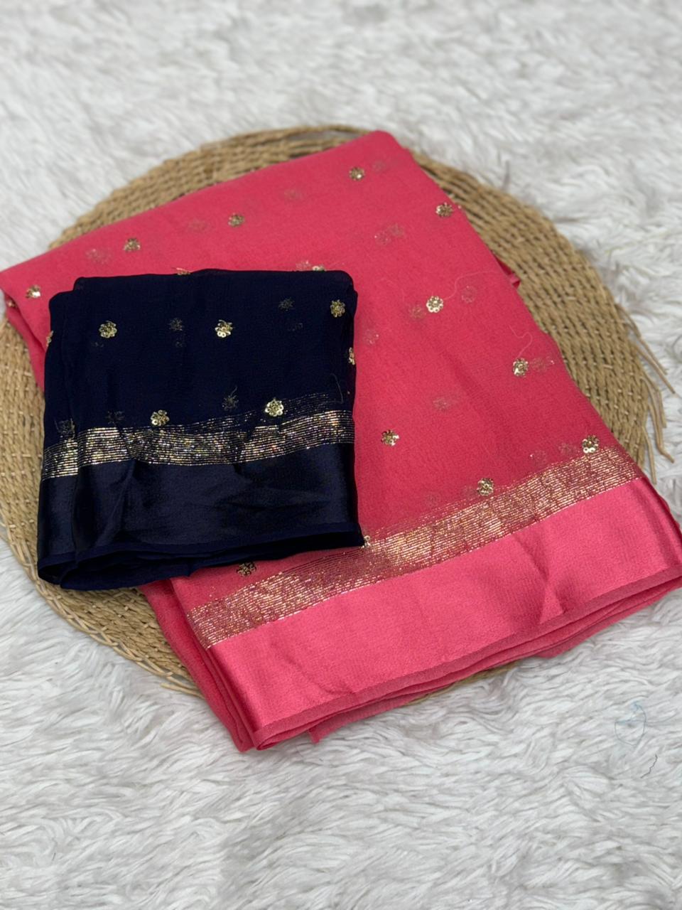 Luxury Festive Wear Pure Soft Viscose Satin Border Sequence Work Saree With Contrast Blouse