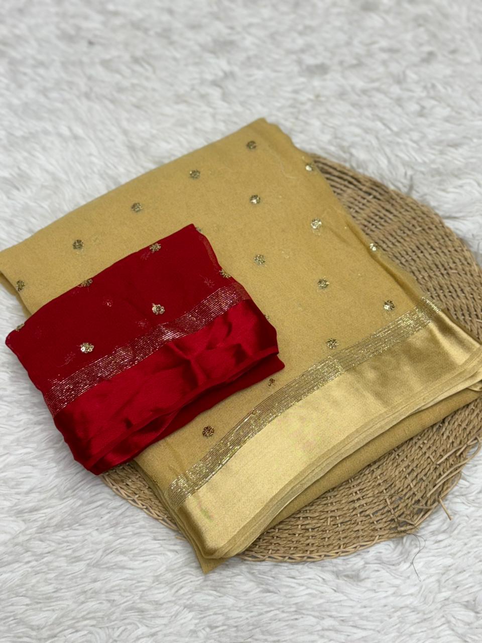 Luxury Festive Wear Pure Soft Viscose Satin Border Sequence Work Saree With Contrast Blouse