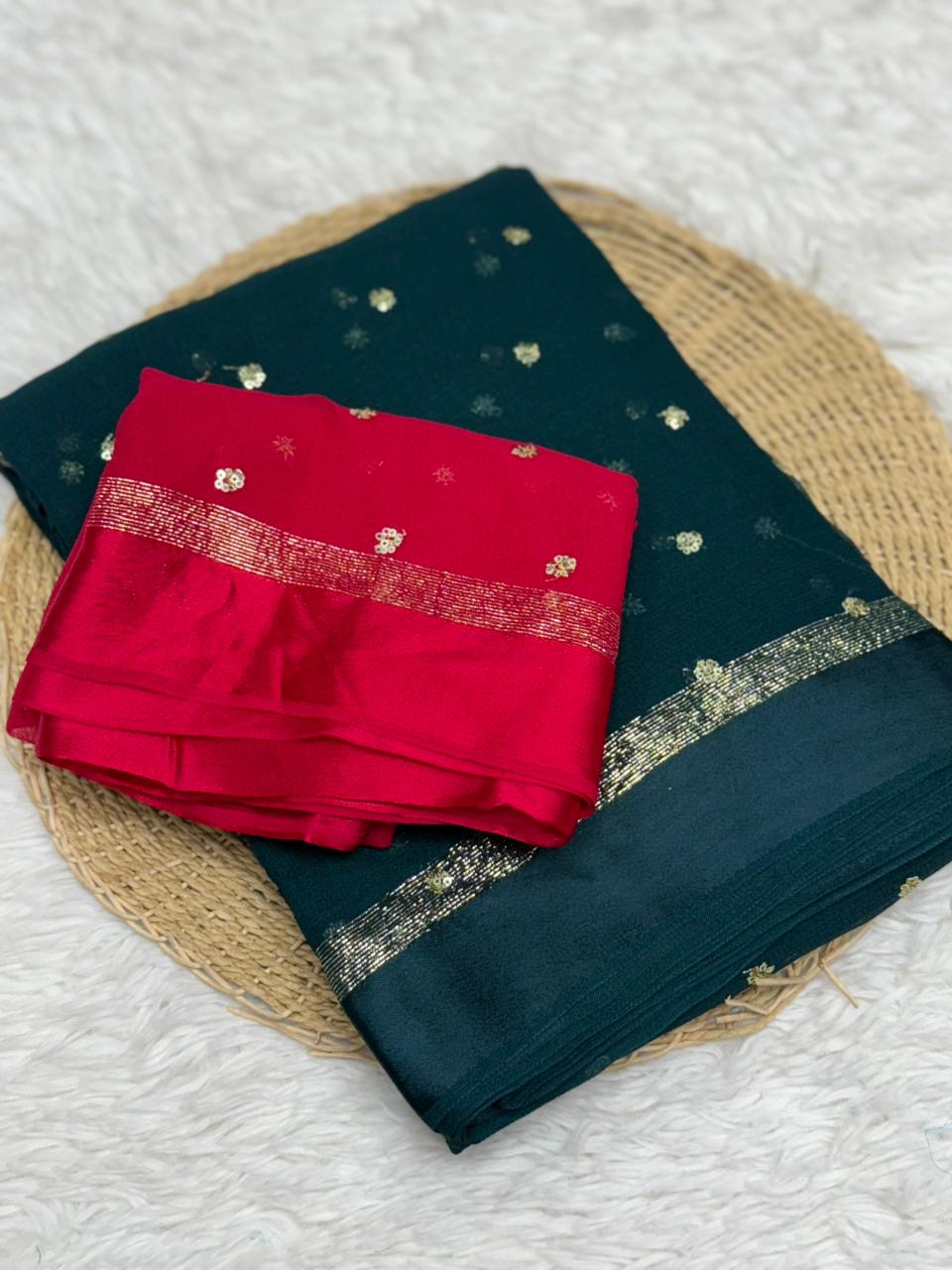 Luxury Festive Wear Pure Soft Viscose Satin Border Sequence Work Saree With Contrast Blouse
