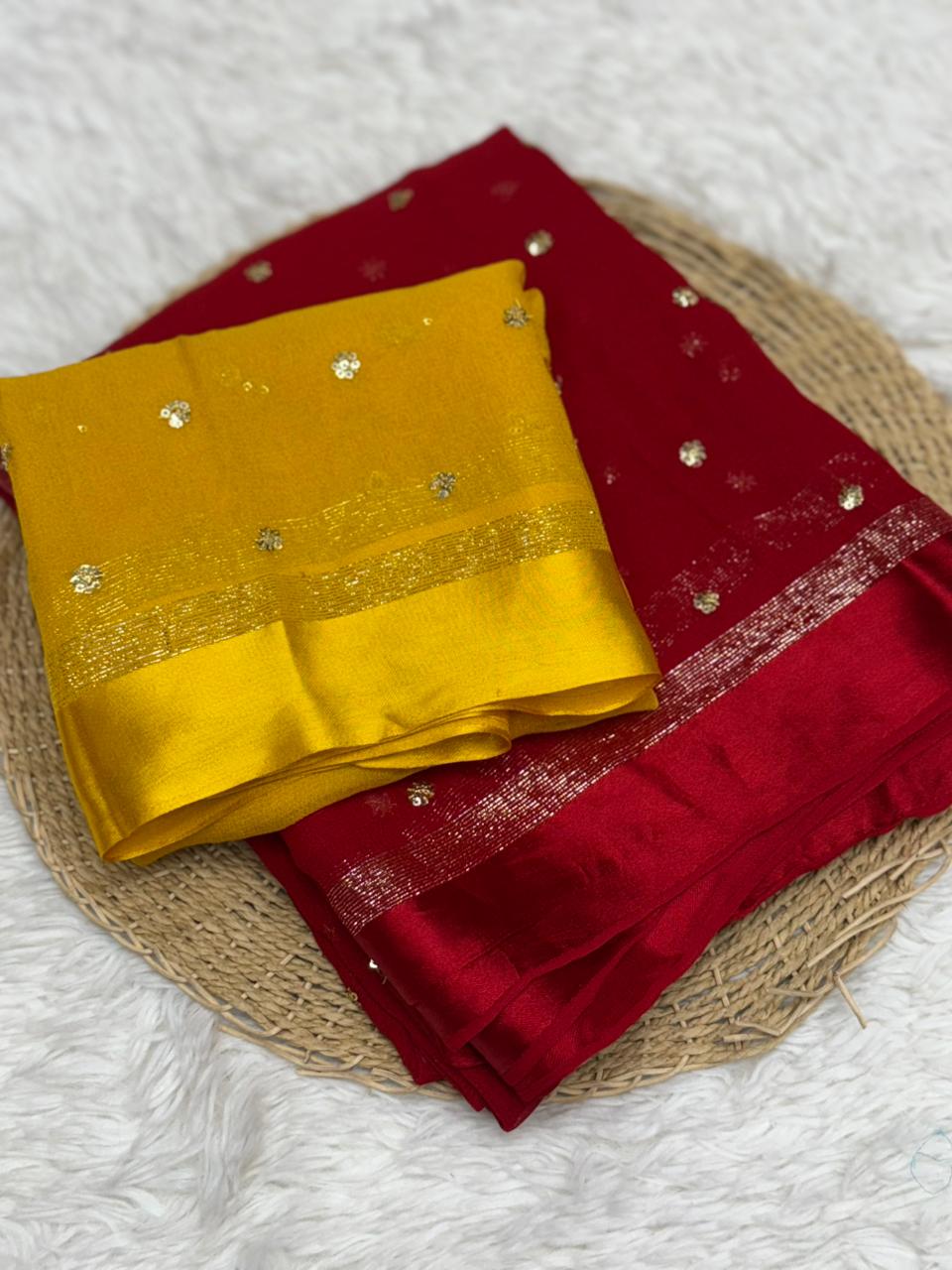 Luxury Festive Wear Pure Soft Viscose Satin Border Sequence Work Saree With Contrast Blouse