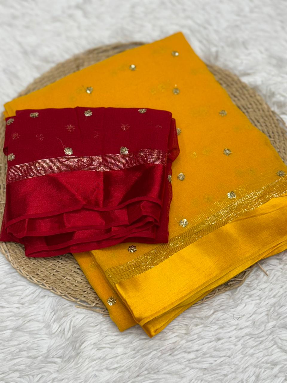 Luxury Festive Wear Pure Soft Viscose Satin Border Sequence Work Saree With Contrast Blouse