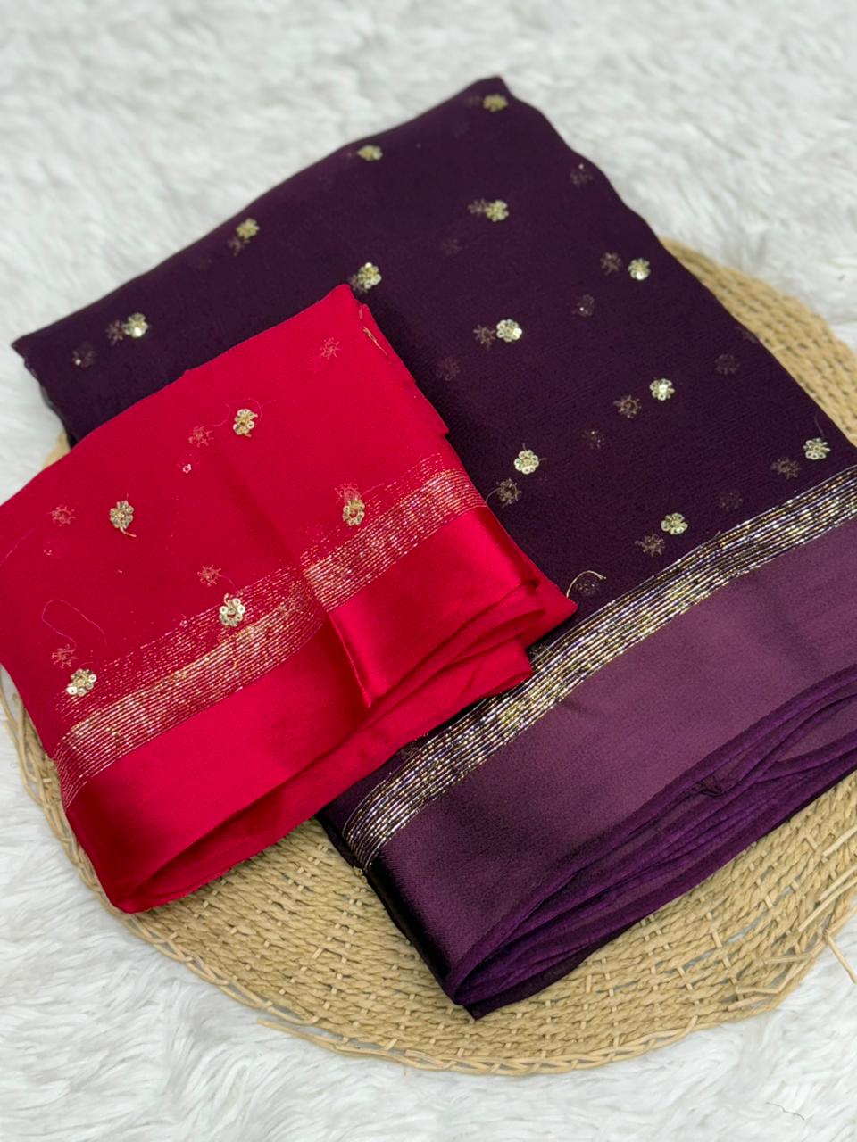 Luxury Festive Wear Pure Soft Viscose Satin Border Sequence Work Saree With Contrast Blouse