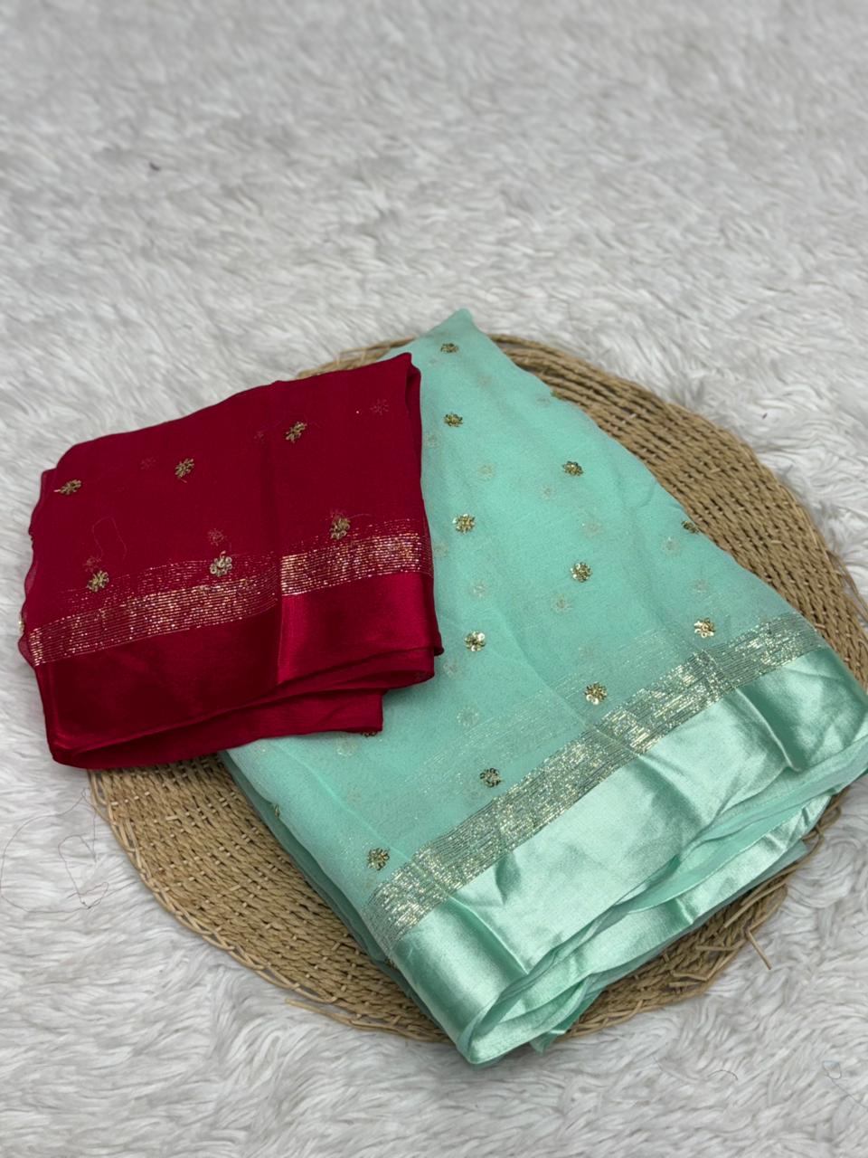 Luxury Festive Wear Pure Soft Viscose Satin Border Sequence Work Saree With Contrast Blouse