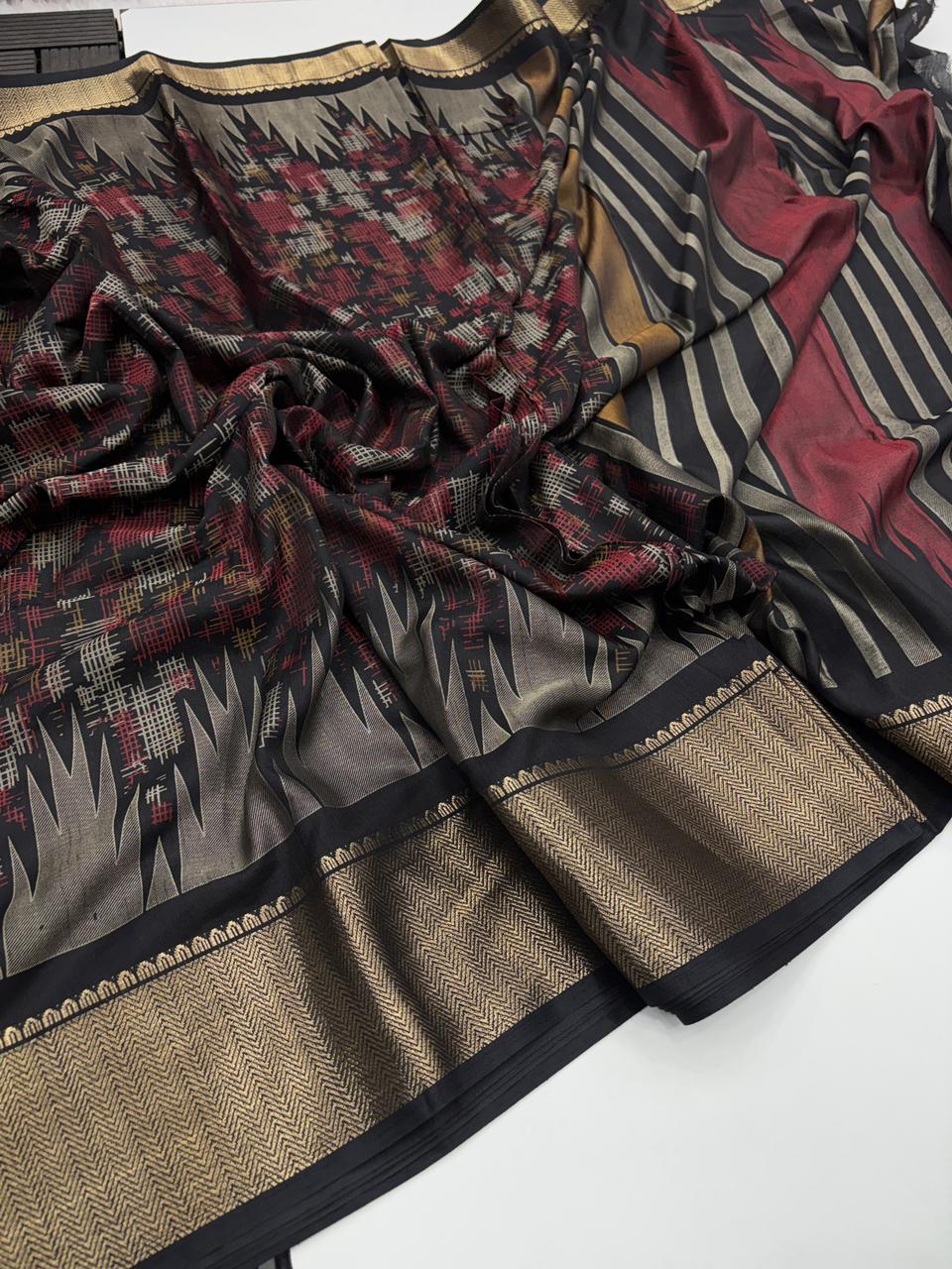 Stylish Festive Wear Pure Soft Dola Silk Print With Jari Border Fancy Designer Saree For Women