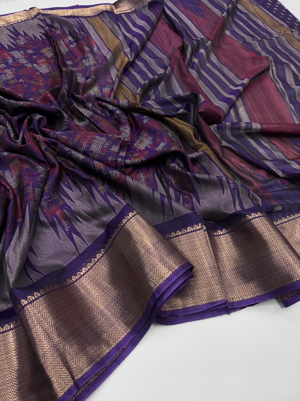 Stylish Festive Wear Pure Soft Dola Silk Print With Jari Border Fancy Designer Saree For Women