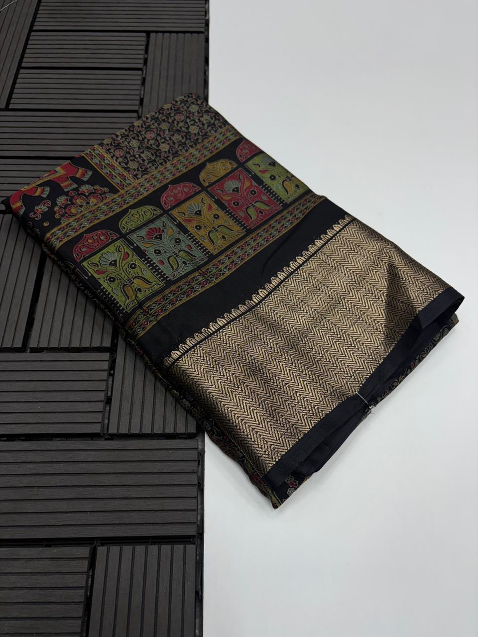 Desirable Festive Wear Pure Soft Silk Printed n Zari Border Fancy Designer Saree