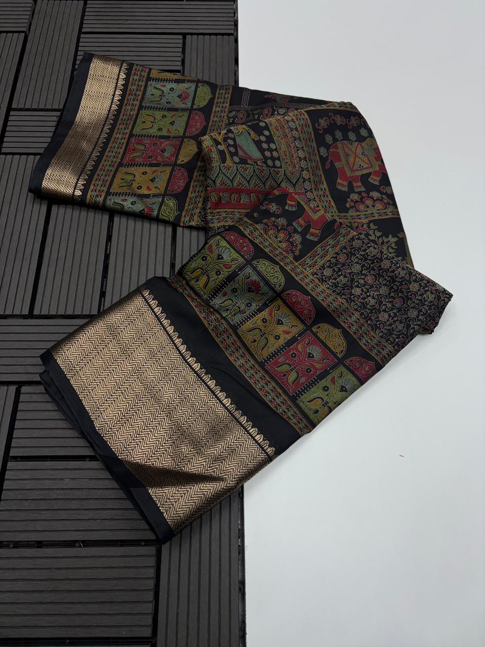 Desirable Festive Wear Pure Soft Silk Printed n Zari Border Fancy Designer Saree