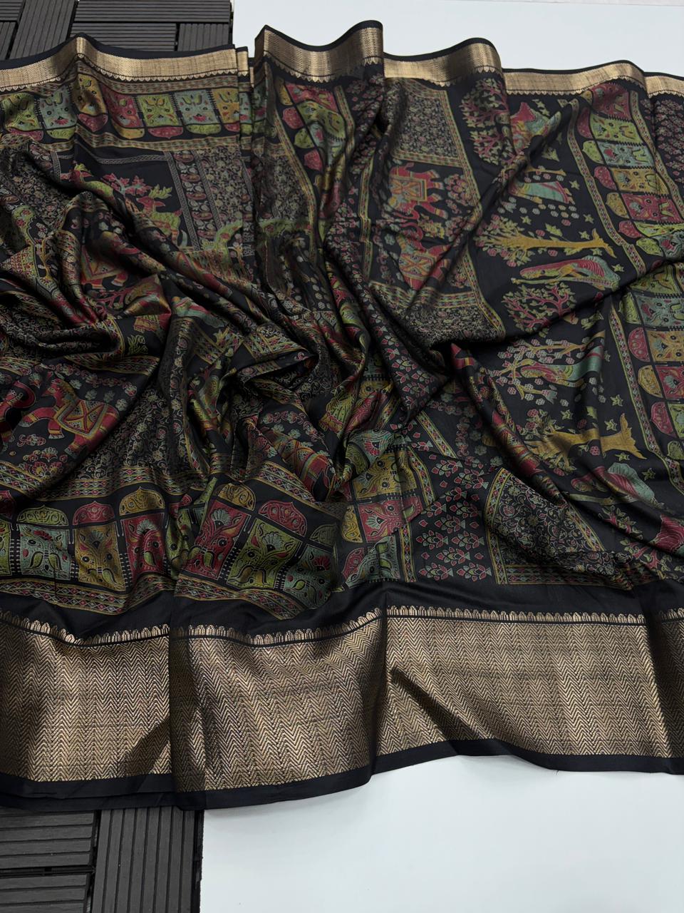 Desirable Festive Wear Pure Soft Silk Printed n Zari Border Fancy Designer Saree