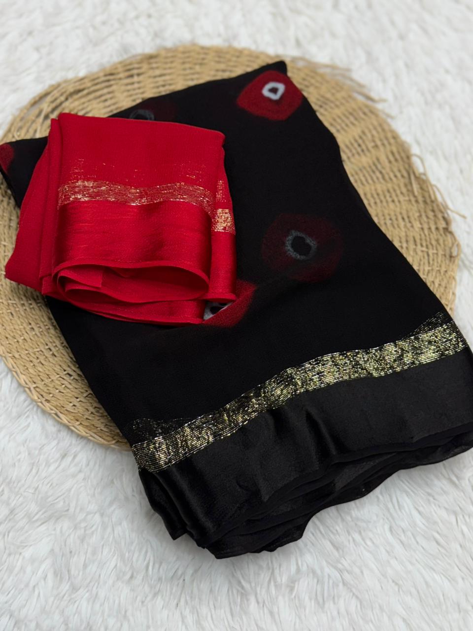 Glamorous Pure Viscose Georgette Fabric Satin Border Butta Print Saree With Contrast Blouse Piece