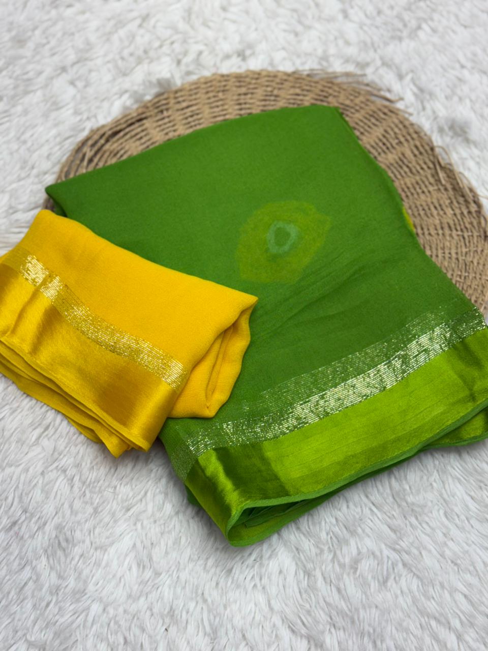 Glamorous Pure Viscose Georgette Fabric Satin Border Butta Print Saree With Contrast Blouse Piece