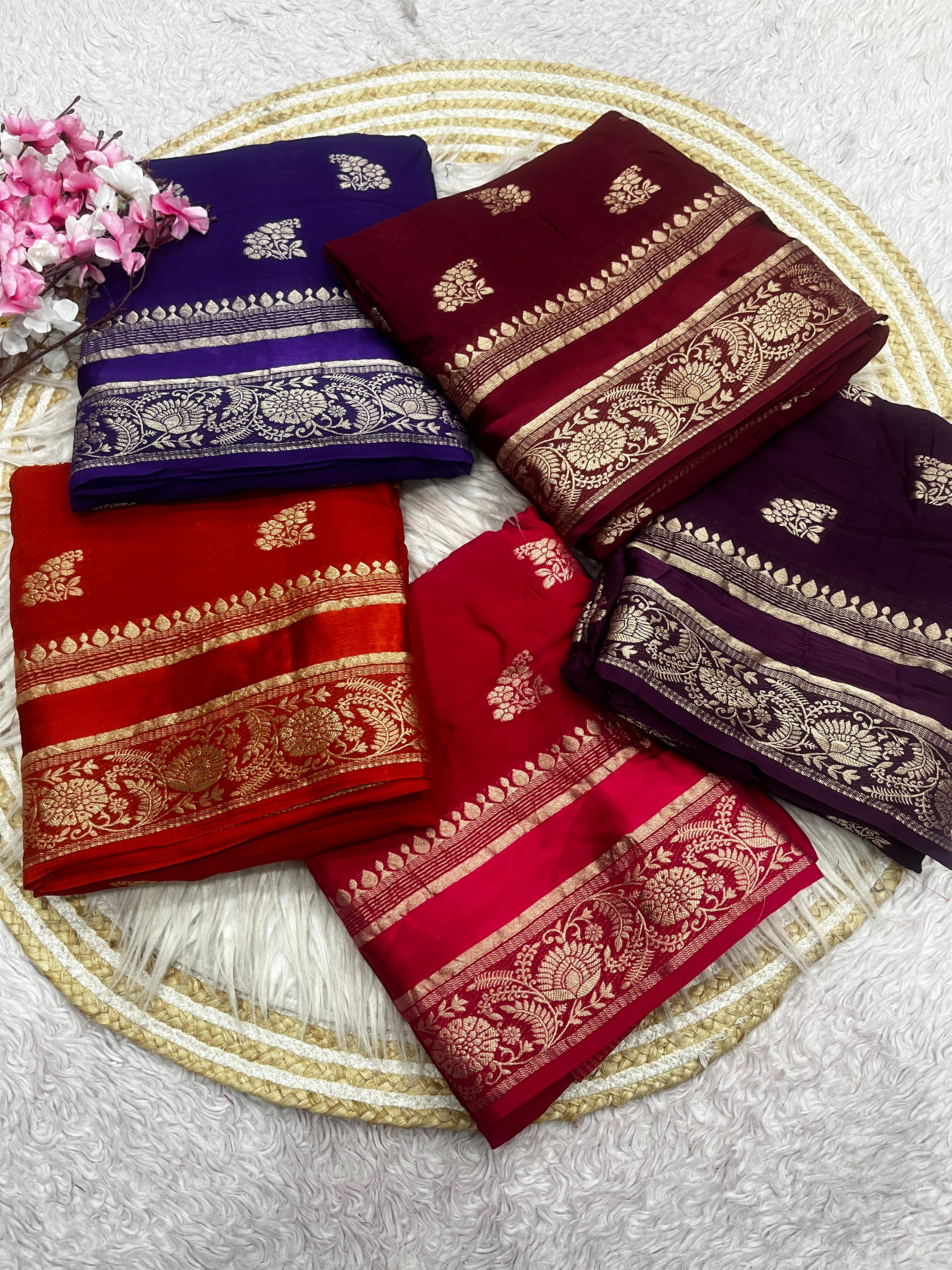 Luxury Festival Wear Chinnon Viscose Satin Patta Zari Weaving Butta n Heavy Pallu Fancy Saree
