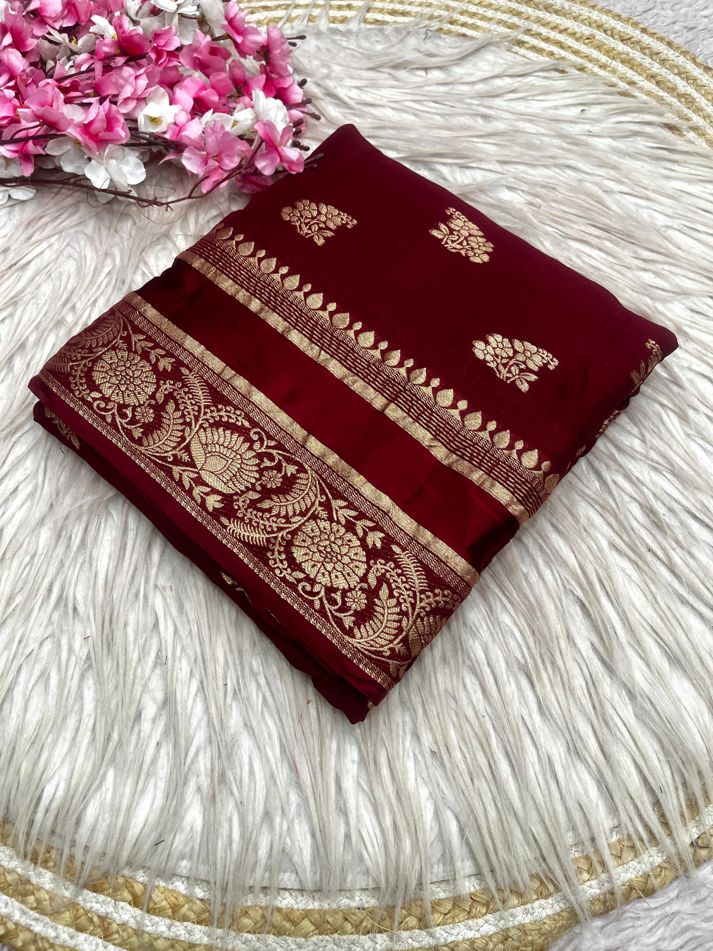 Luxury Festival Wear Chinnon Viscose Satin Patta Zari Weaving Butta n Heavy Pallu Fancy Saree