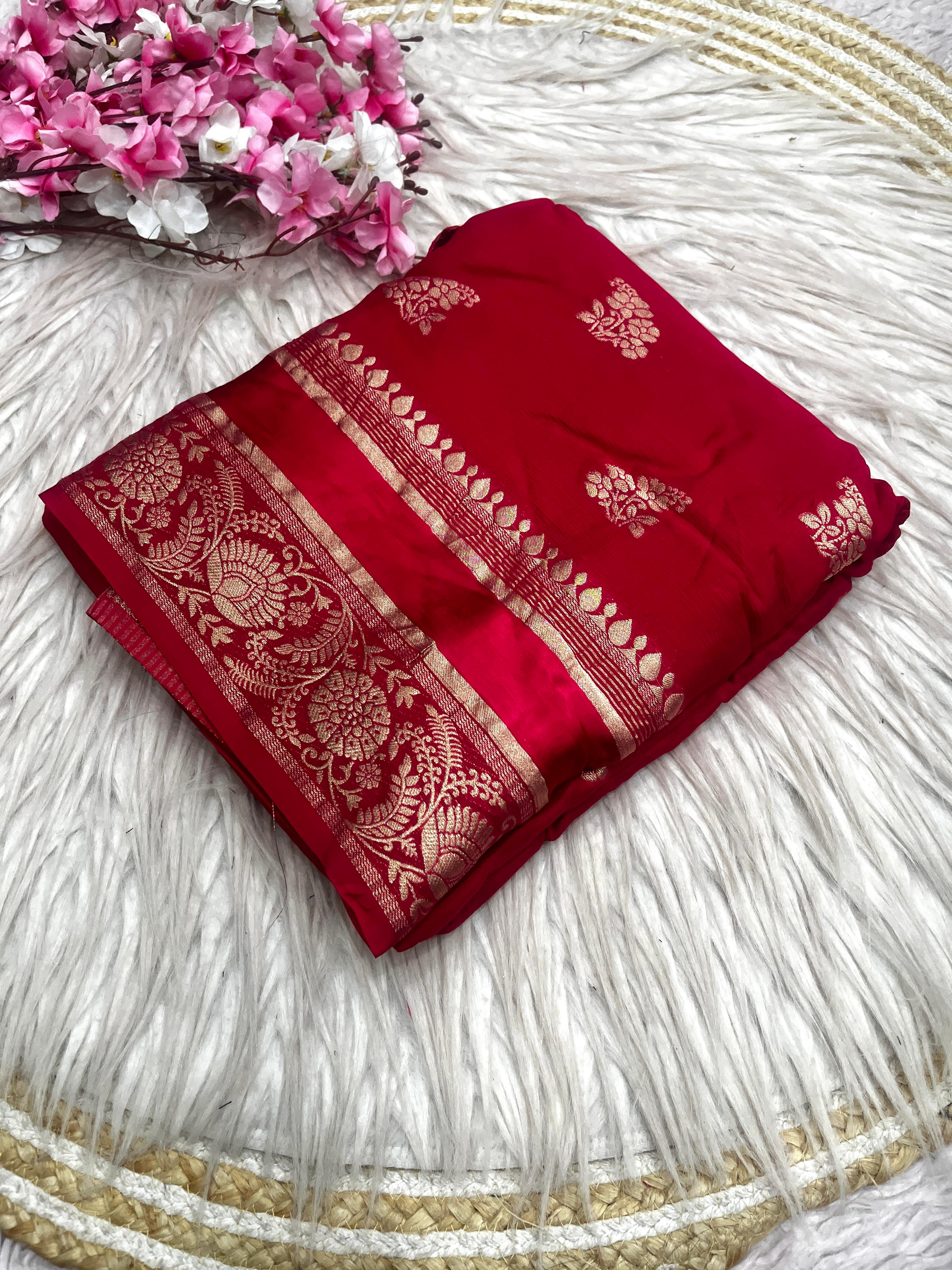 Luxury Festival Wear Chinnon Viscose Satin Patta Zari Weaving Butta n Heavy Pallu Fancy Saree