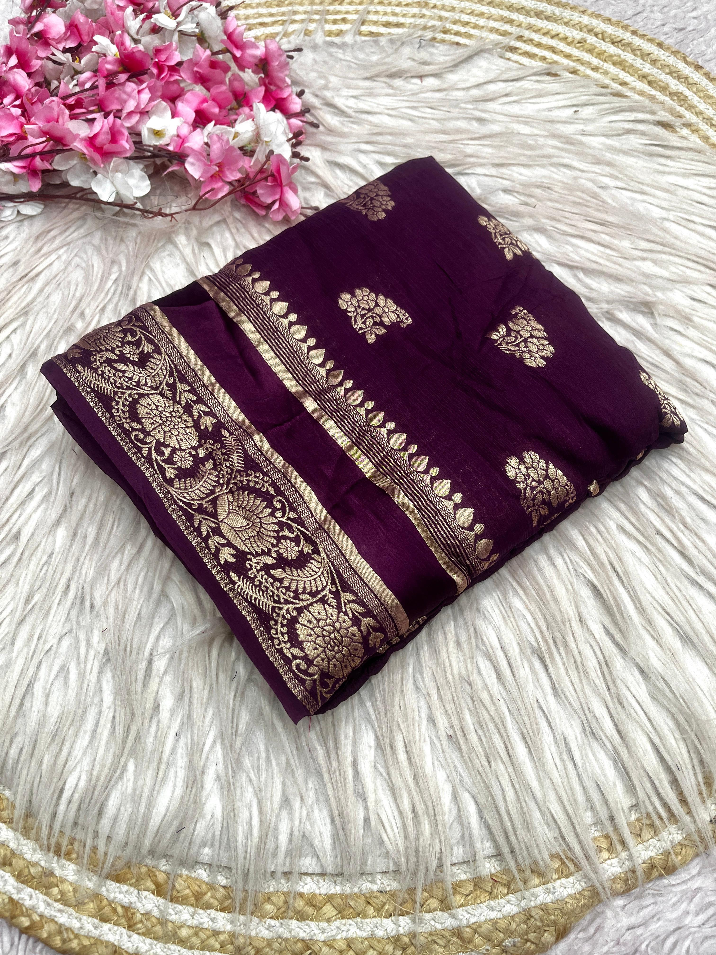 Luxury Festival Wear Chinnon Viscose Satin Patta Zari Weaving Butta n Heavy Pallu Fancy Saree