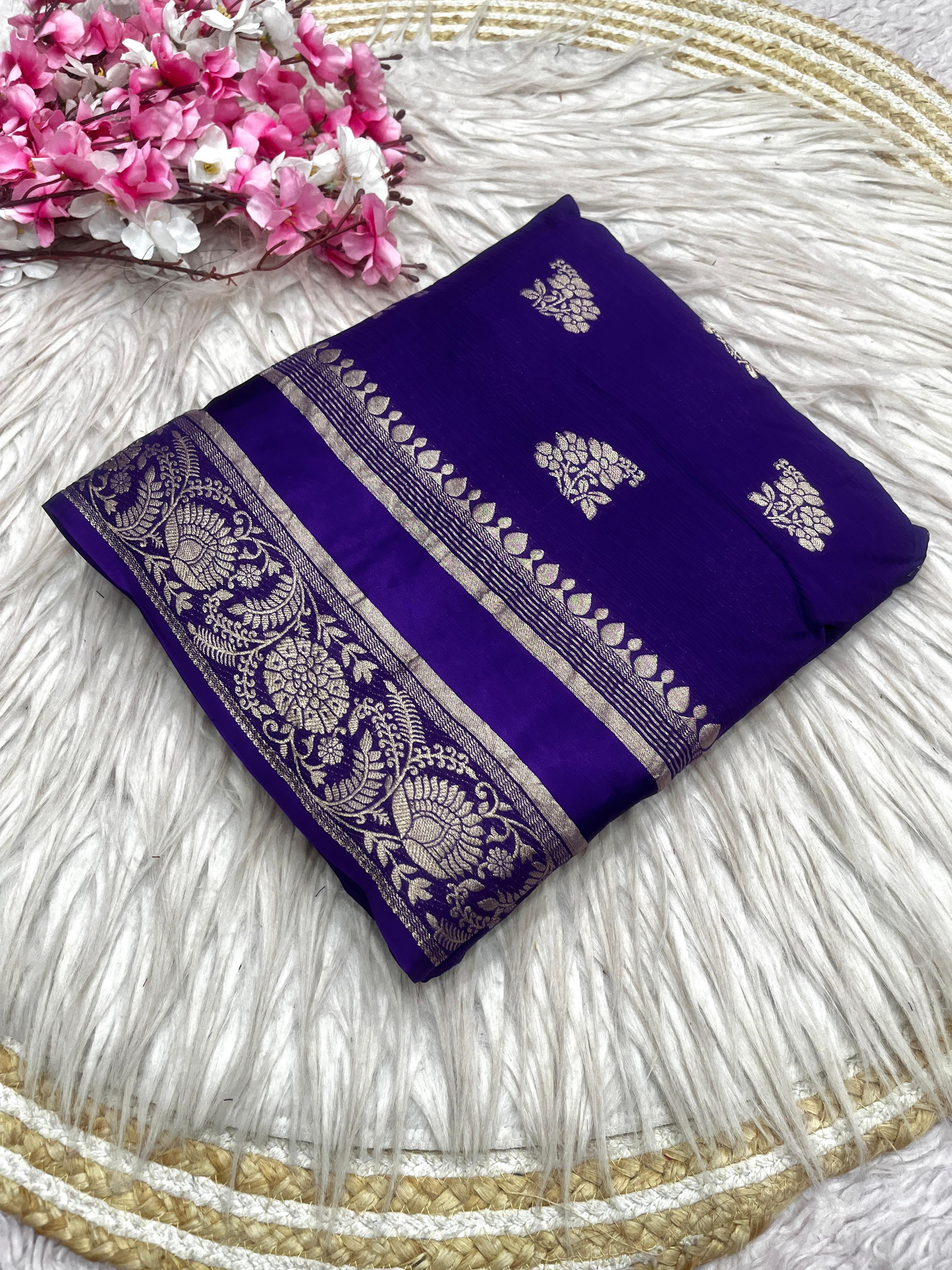 Luxury Festival Wear Chinnon Viscose Satin Patta Zari Weaving Butta n Heavy Pallu Fancy Saree