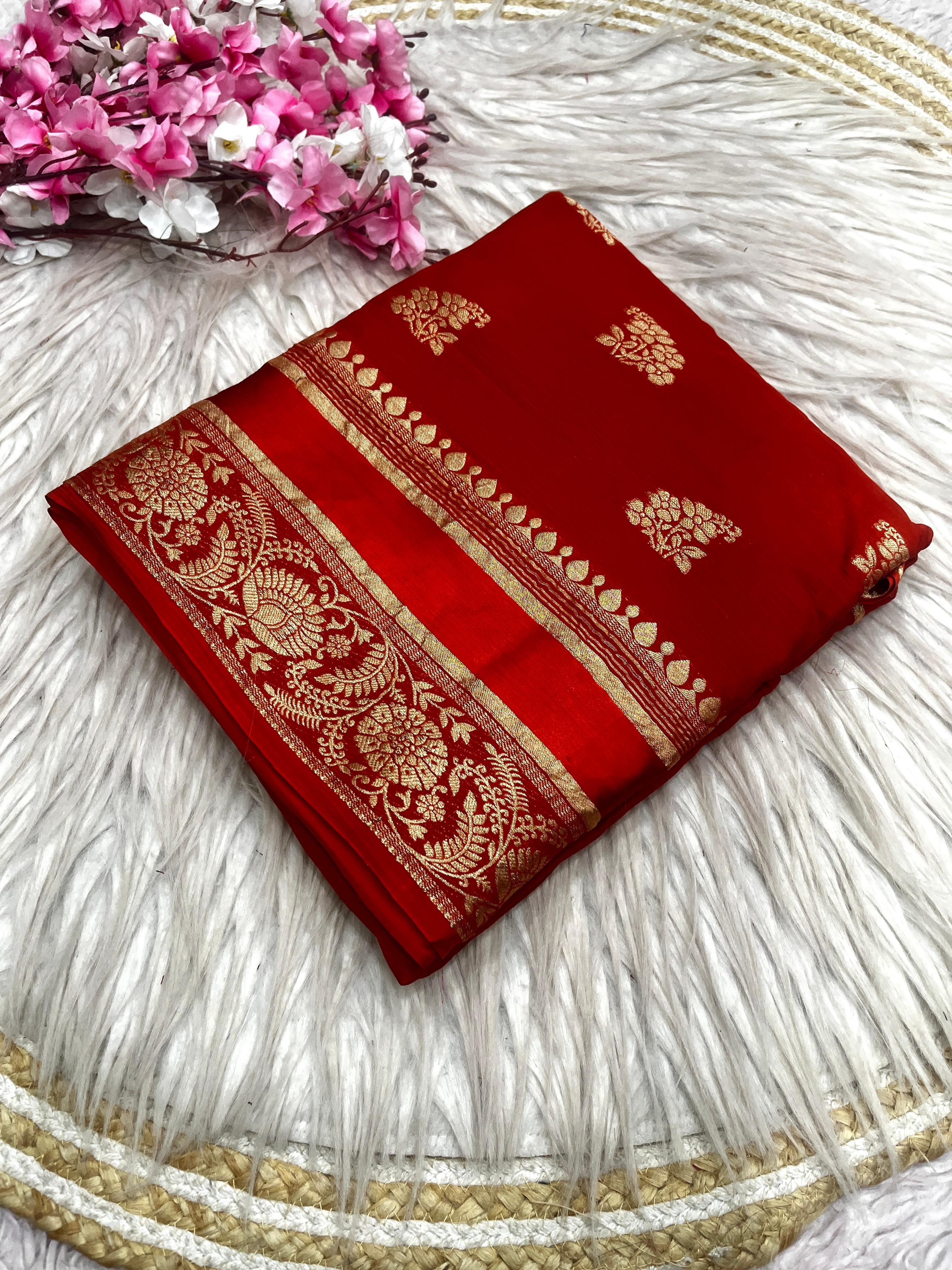 Luxury Festival Wear Chinnon Viscose Satin Patta Zari Weaving Butta n Heavy Pallu Fancy Saree
