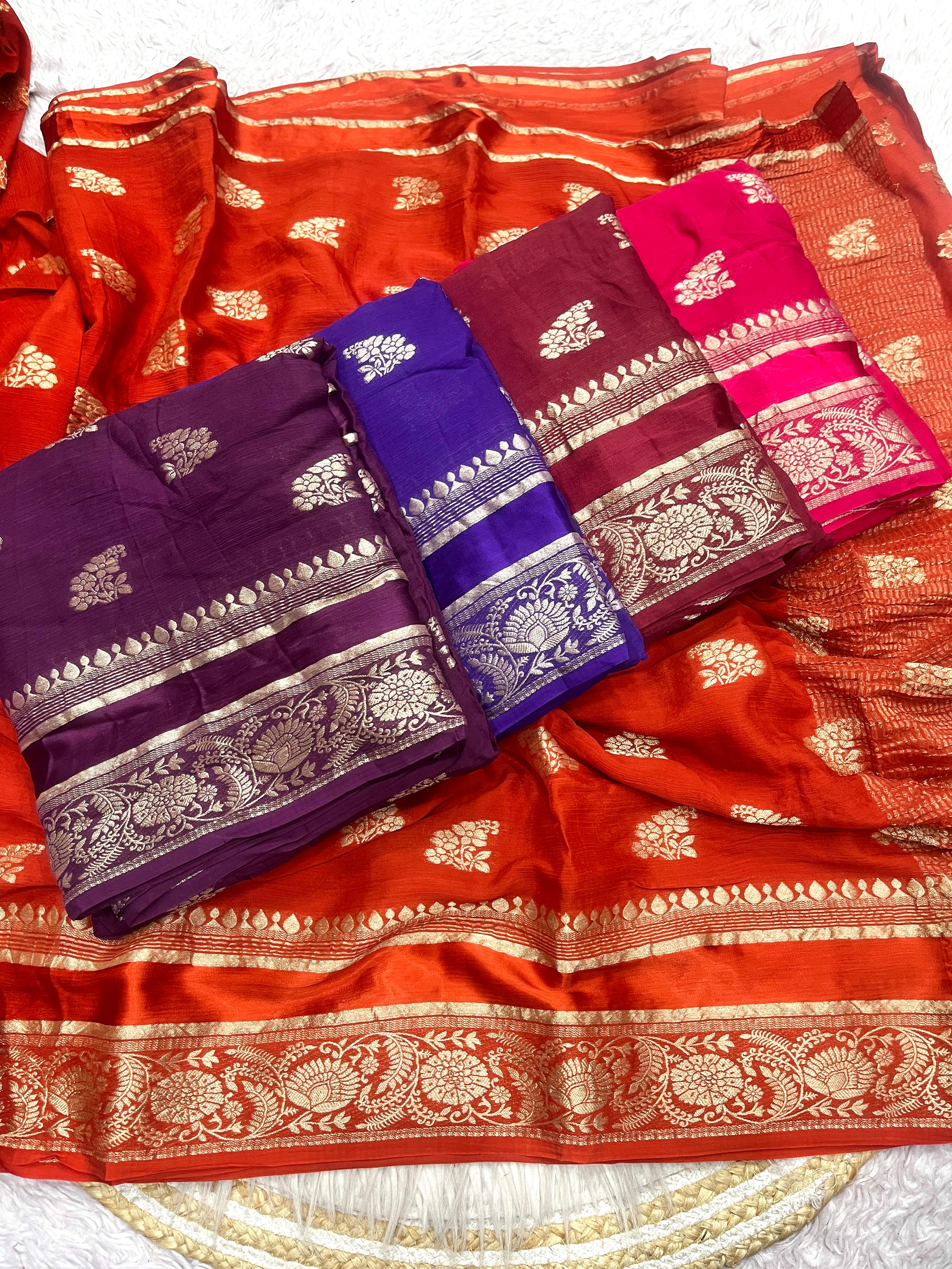 Luxury Festival Wear Chinnon Viscose Satin Patta Zari Weaving Butta n Heavy Pallu Fancy Saree
